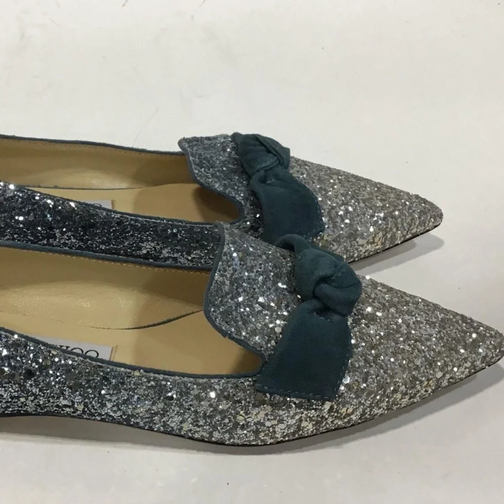Women’s Jimmy Choo Silver Glitter Bow Loafers Slip On Flats Size 37.5